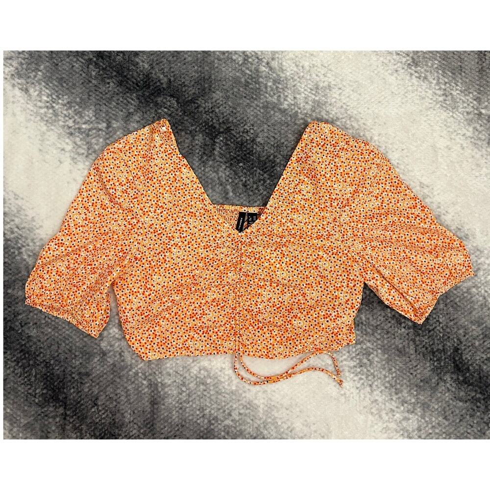 NWT Vero Moda Henna Short Sleeve V-neck Cropped Top Coral Mini Flower Size XS